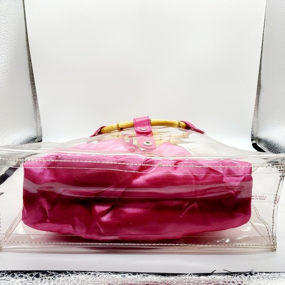 Lancome Transparent Round Bamboo Handle Handbag Tote Removable Pink Interior Bag - Picture 3 of 10